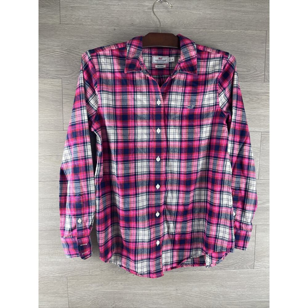 VINEYARD VINES Women's Shirt - 4 - Pink, Blue - Plaid - Relaxed Button Up